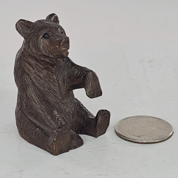 Black Forest Swiss Bear Cub Sitting Paw Up Hand Carved Wood 2" - Picture 6 of 7